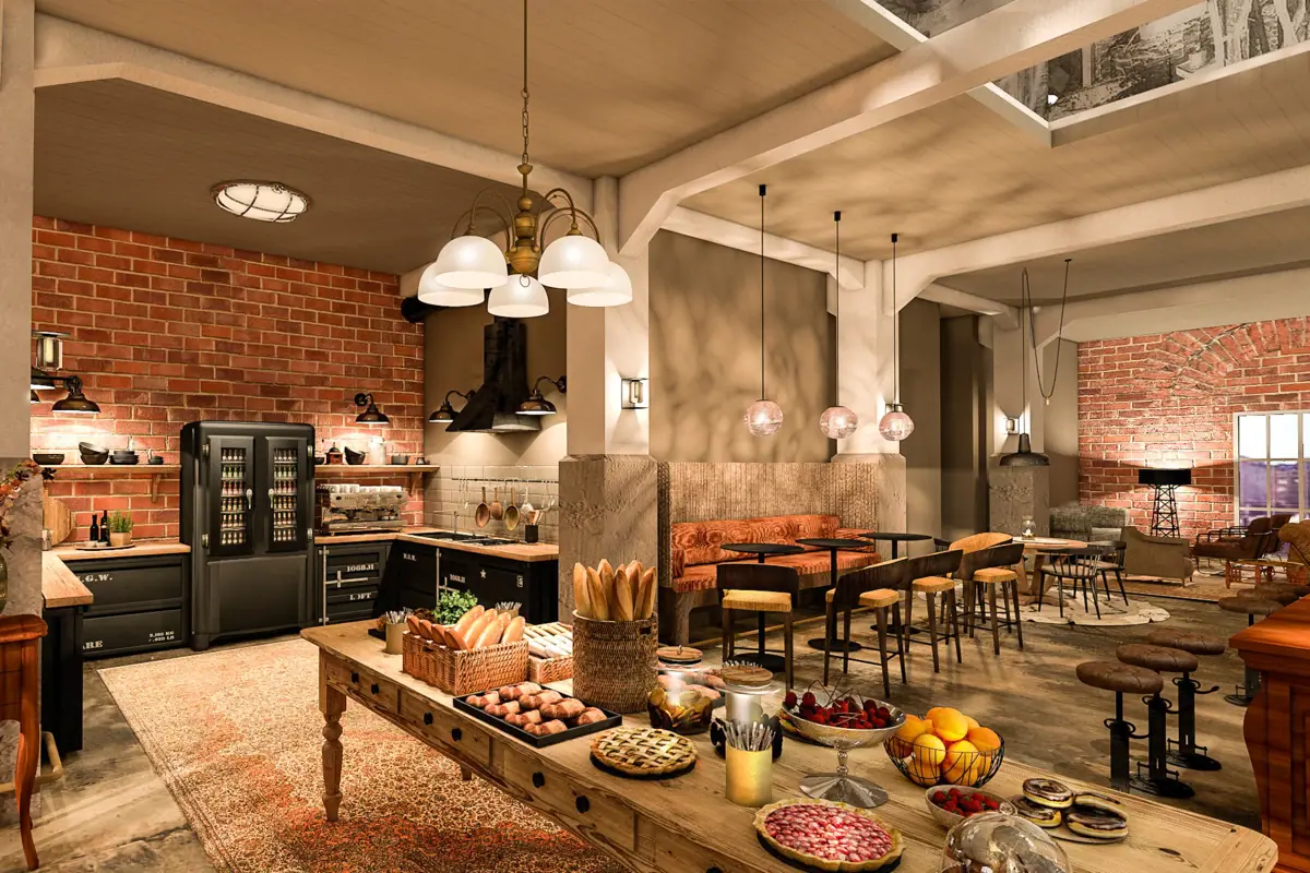 Een keuken met een tafelbuffet vol eten.