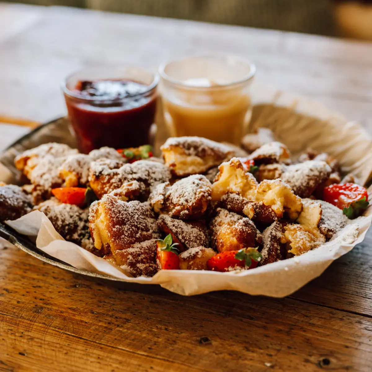 Een bord eten en twee potten jam.