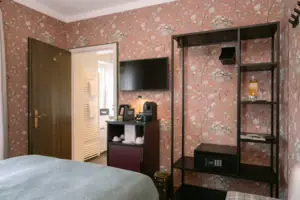 HENRI GAP Petit Kabinett Een kamer met een televisie en een boekenplank.
