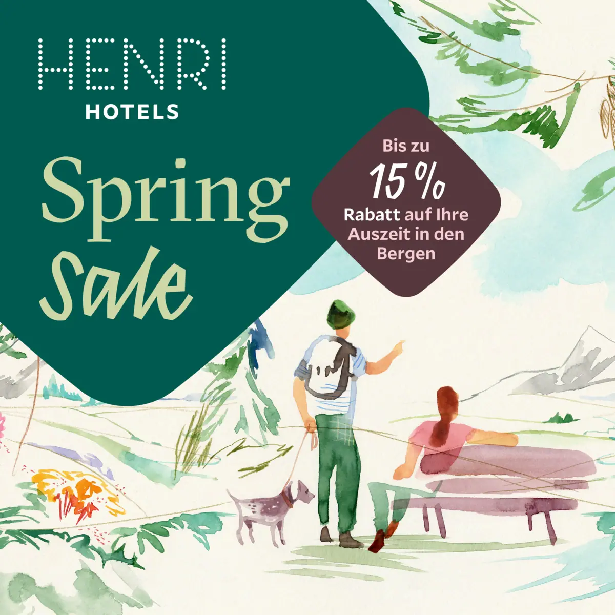 HENRI Voorjaarsuitverkoop Illustratie toont een man en een vrouw met een hond in de bergen
