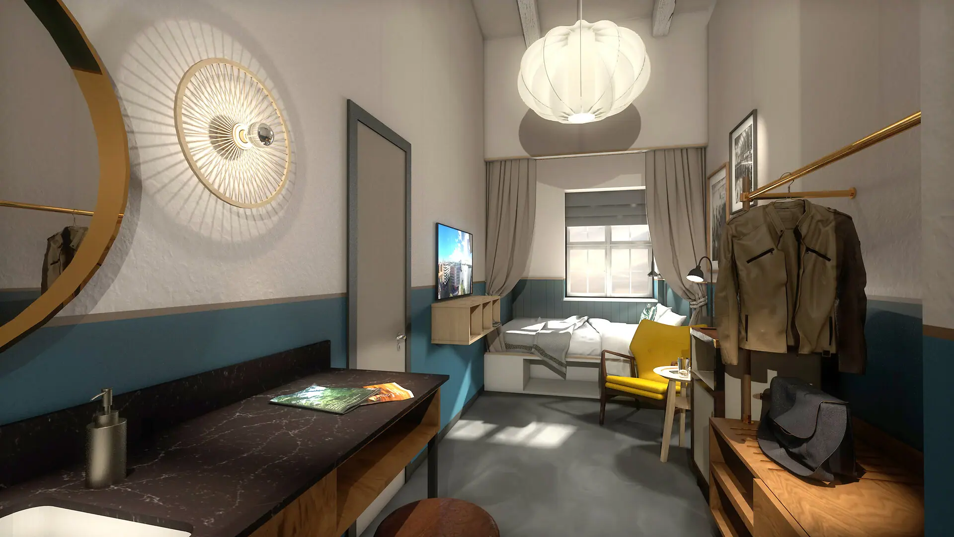 Ein Zimmer mit einem Bett und einem Stuhl.