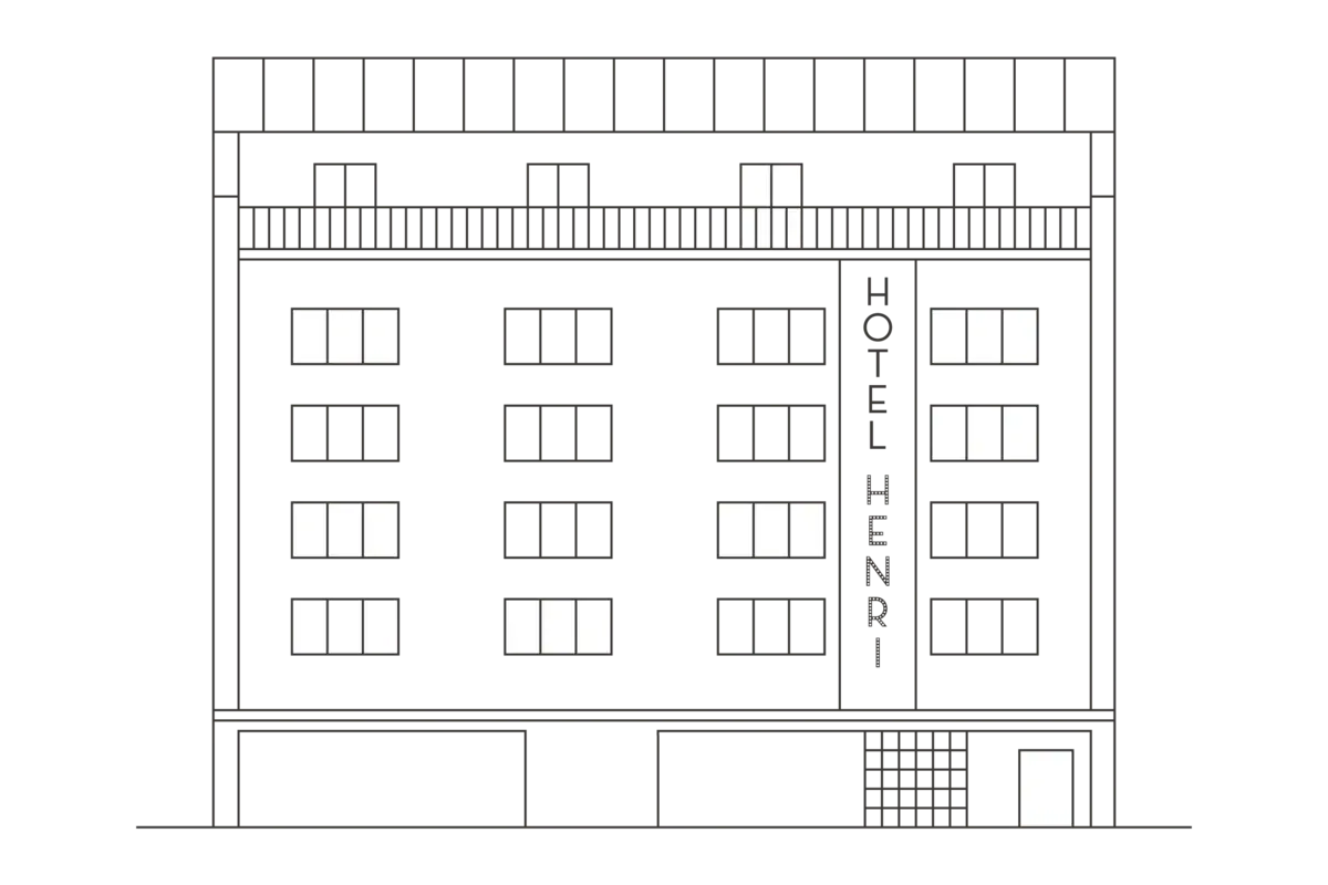Schets HENRI Wenen Een schets van het HENRI Hotel Wenen met veel ramen.