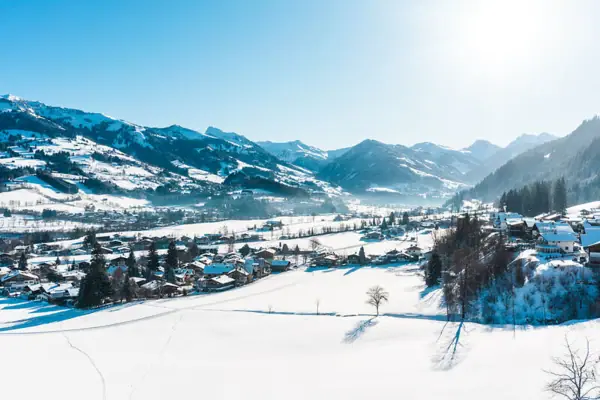Besneeuwd landschap met huizen en bergen op de achtergrond.