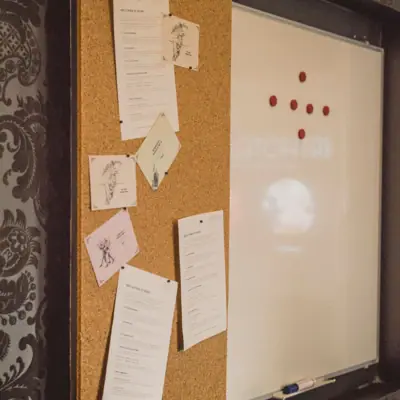 Prikbord met verschillende papieren en handgeschreven notities.