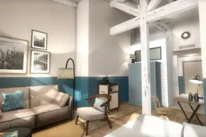 Een kamer met een bank en een lamp.