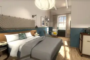 Slaapkamer met bed en stoel, stijlvol ingericht.