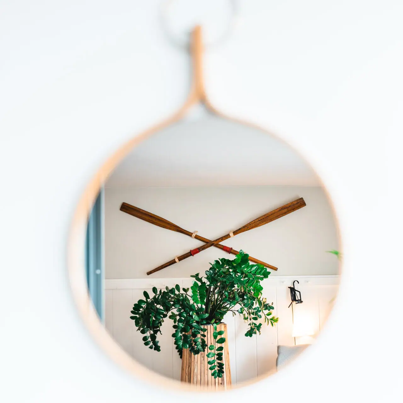 Spiegel met een plant in een pot.