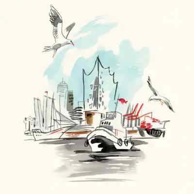 Afbeelding van de haven van Hamburg met de concertzaal Elbphilharmonie op de achtergrond en een tewaterlating en meeuwen op de voorgrond