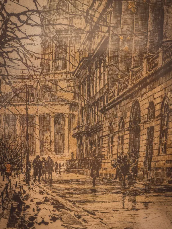 Tekening van mensen die over straat lopen.