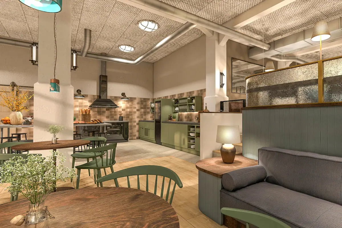 HENRI Hotel Cuxhaven Huishoudelijke keuken Een kamer met een bank en stoelen.