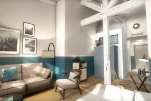 Een kamer met een bank en een lamp.