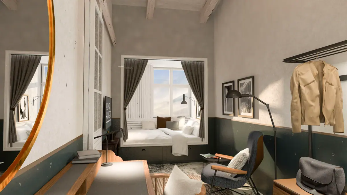 Binnenzicht van een hotelkamer in het HENRI Hotel Cuxhaven met een bed, tafel en stoelen.