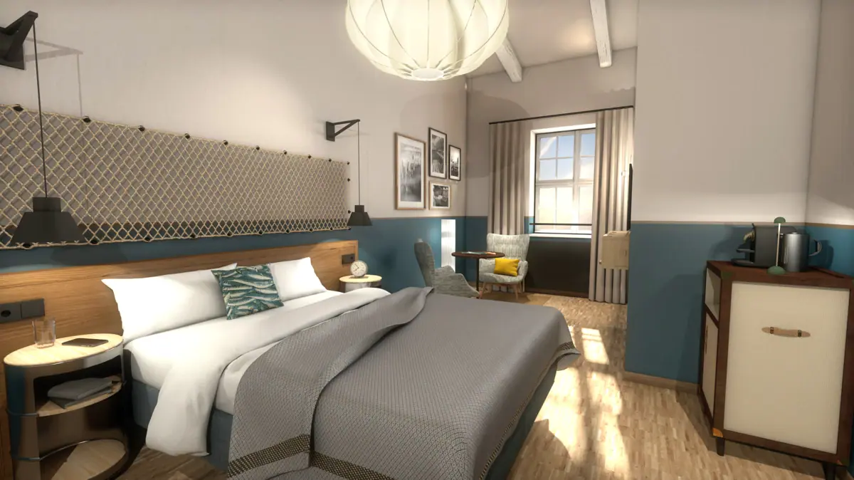 Slaapkamer met een bed en een stoel, omgeven door stijlvolle meubels en interieurontwerp.