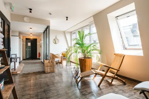 Een kamer met ligstoelen en een plant.