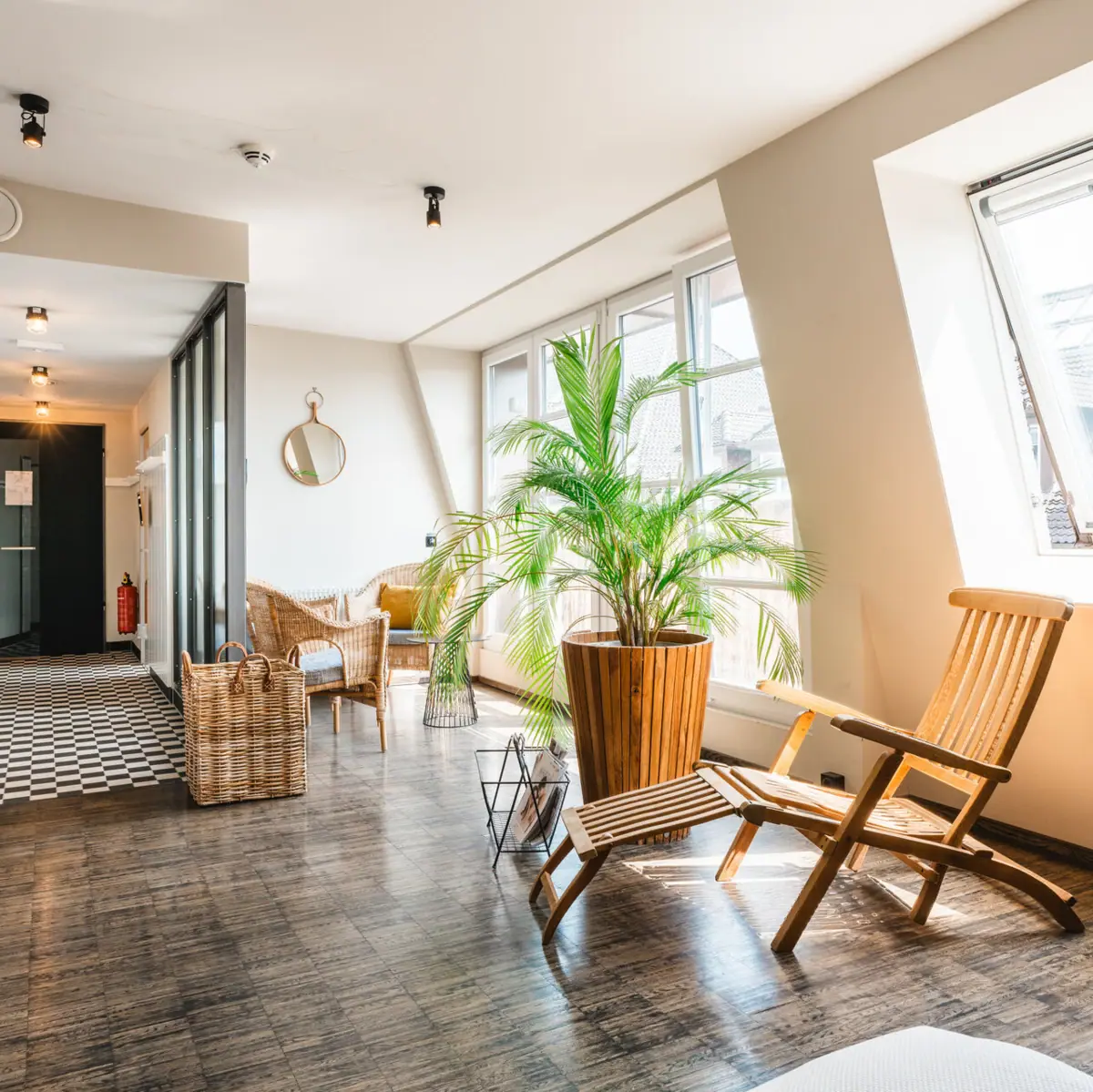 Een kamer met een ligstoel en een plant.