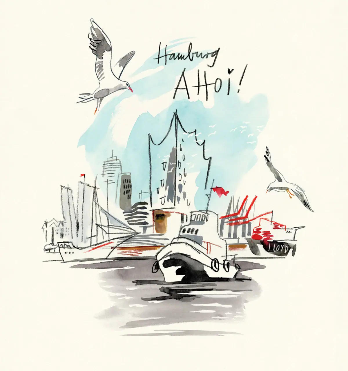 Aquarel van een stad met boten