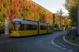 Een gele Berlijnse tram bij een halte voor een herfstige rode en groene gevel van een huis onder een blauwe hemel.