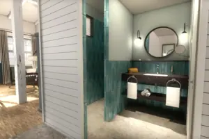 Badkamer met ronde spiegel en wastafel