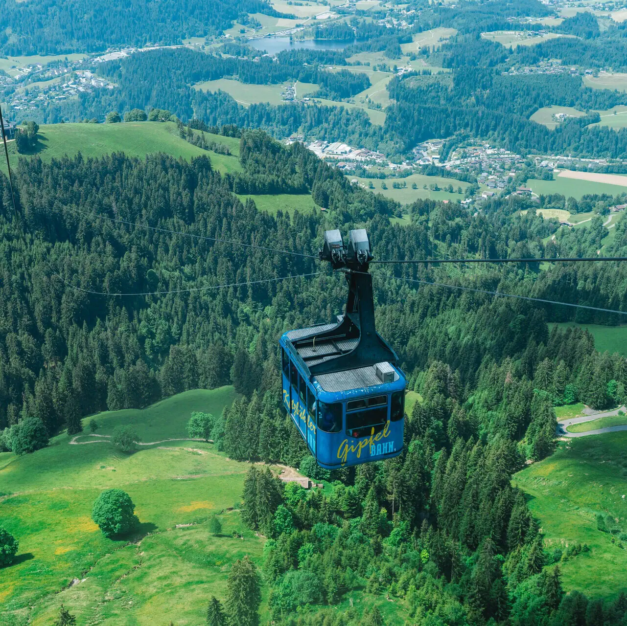 Blauwe kabelbaan over een groen landschap met bomen en bergen op de achtergrond.