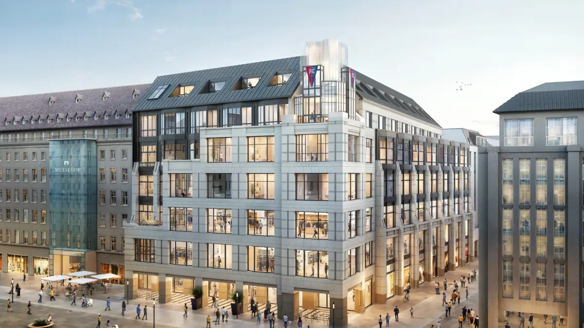 Een groep mensen loopt rond het HENRI Hotel Leipzig.