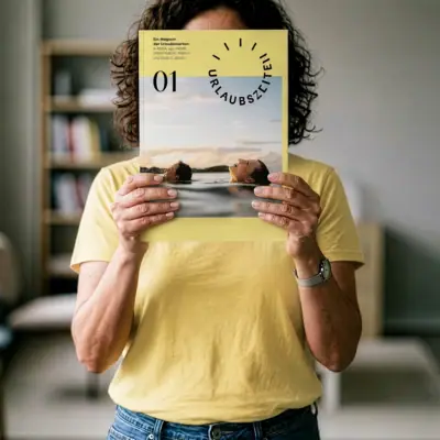 Vakantieperiodes Een vrouw houdt het tijdschrift ‘Urlaubszeiten’ voor haar gezicht.