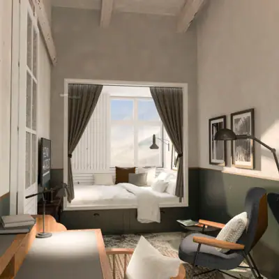 Rendering ruimte HENRI Cuxhaven Een hotelkamer in het HENRI Hotel Cuxhaven met een bed, een bureau en een stoel.