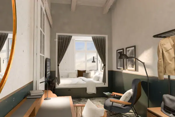 Een rendering van een hotelkamer met een raam en een bed.