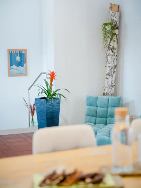 Blauwe bank met een plant in een blauwe pot.
