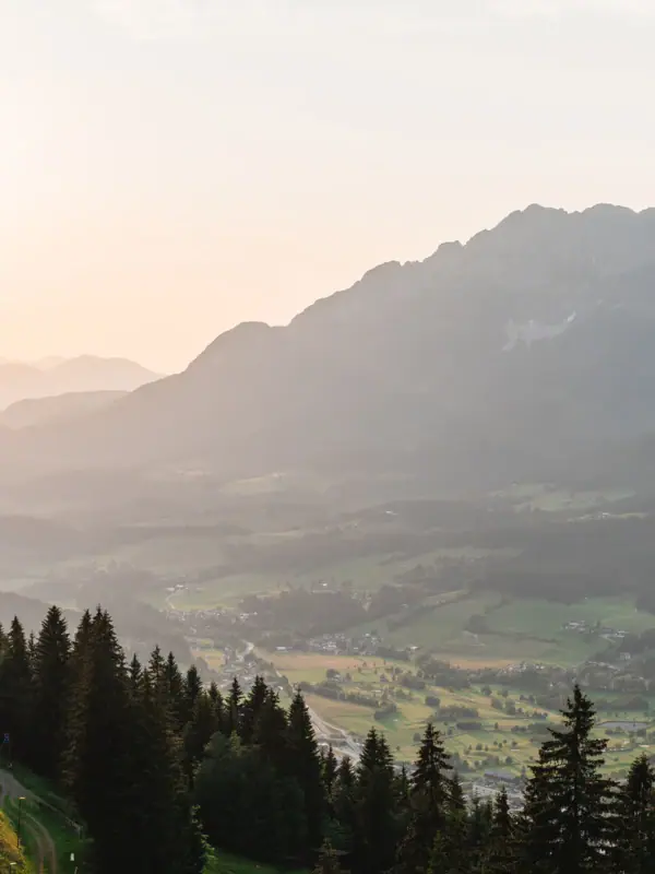 Bergpanorama Landschap van een vallei met bomen en bergen.