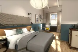 Een slaapkamer met een bed en een stoel.