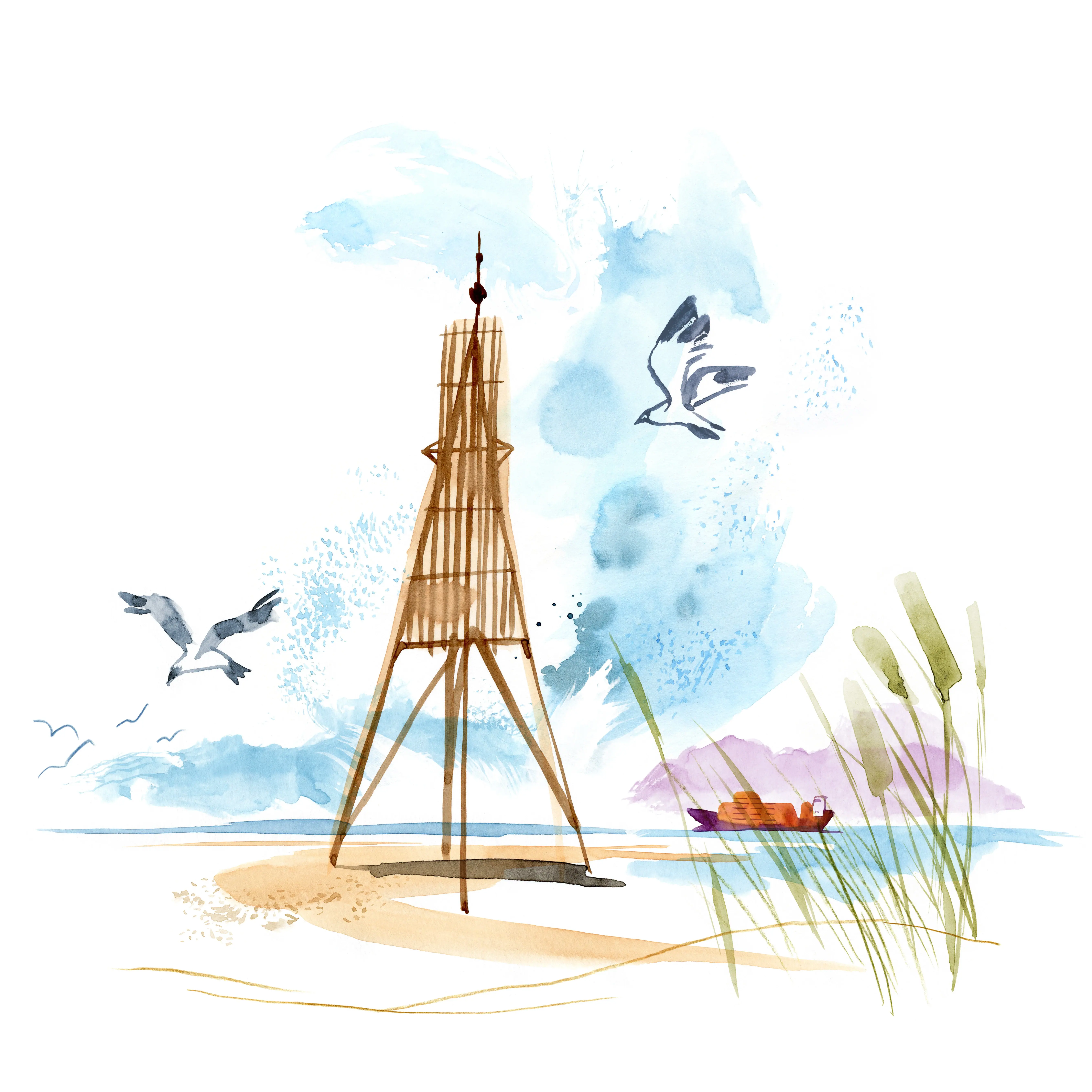 Een illustratie van de Kugelbake in Cuxhaven.