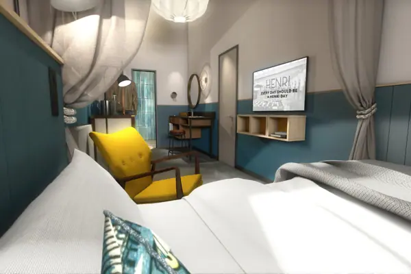 Een kamer met een gele stoel en een televisie.