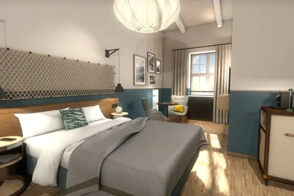 Slaapkamer met bed en stoel, stijlvol ingericht.